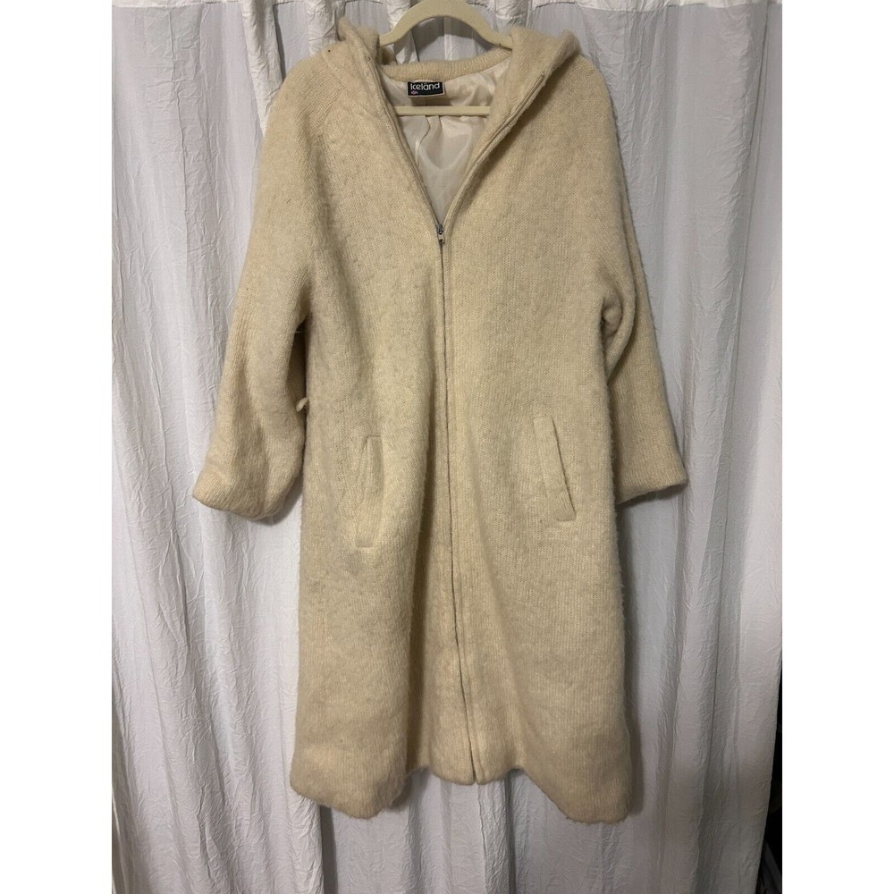 Vintage Samband of Iceland Pure Wool Womens Cream Zip Trench Coat Medium Sweater
